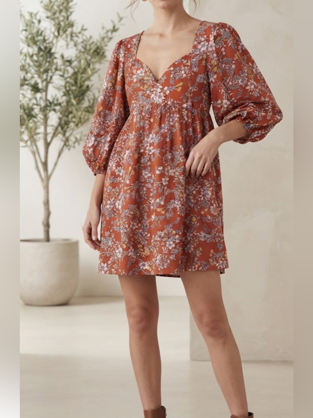 Rust Floral V-Neck Women’s Dress